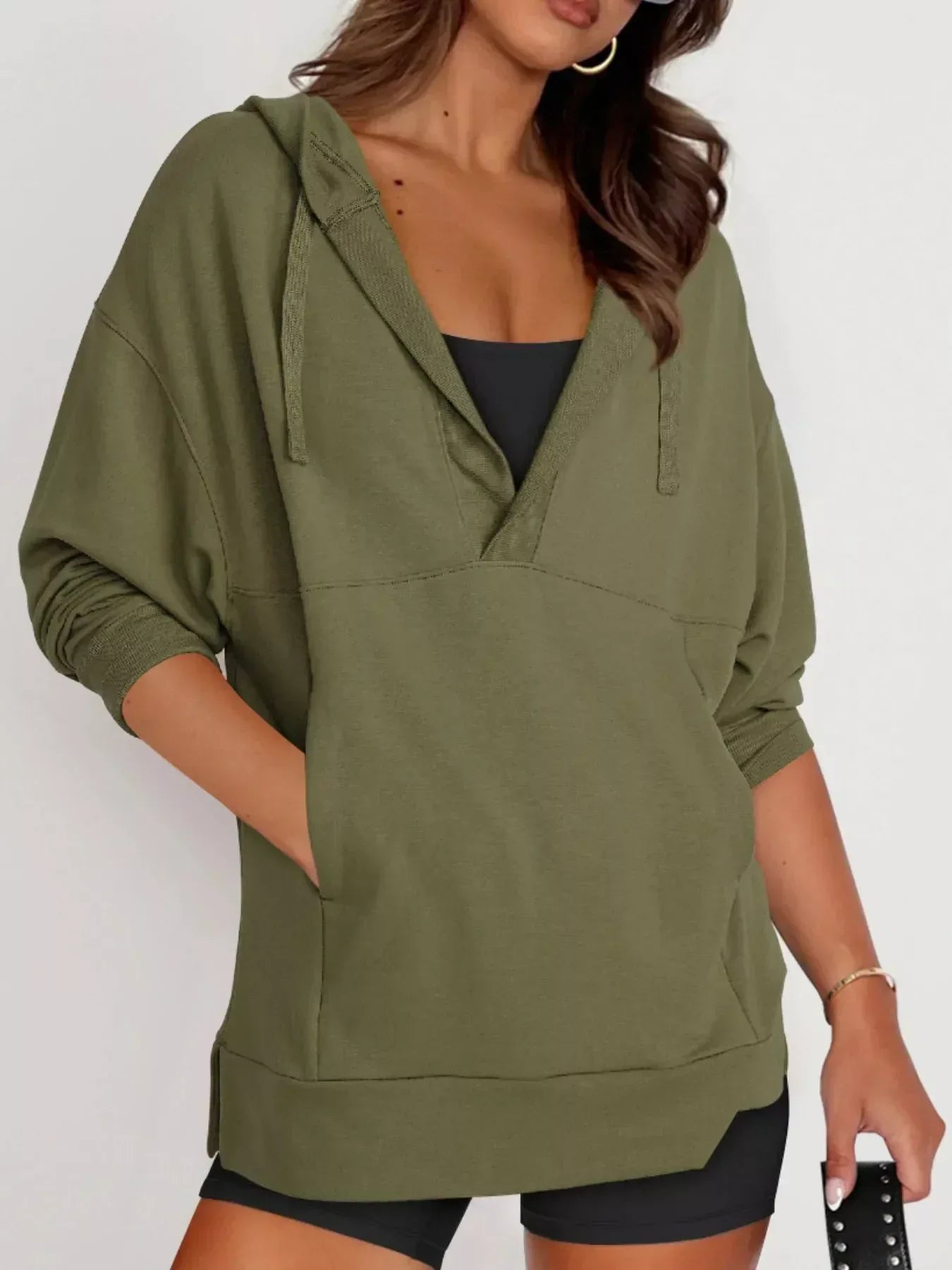 Drawstring Kangaroo Pocket Long Sleeve Hoodie - DAVERRI FASHIONS