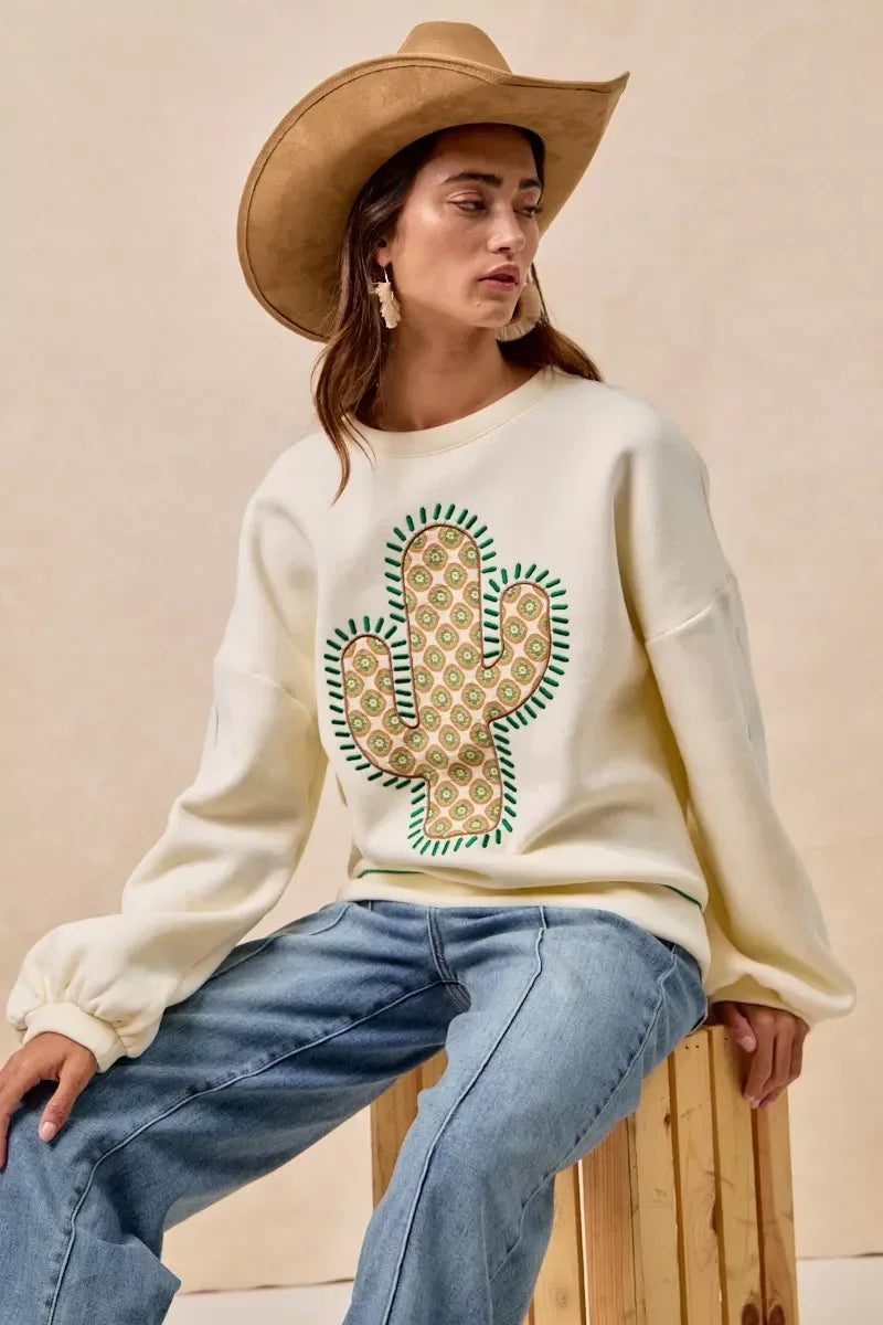 BiBi Cactus Embroidered Fleece Sweatshirt - DAVERRI FASHIONS