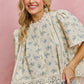 SO ME floral print lace trim flutter sleeves blouse with blue embroidery