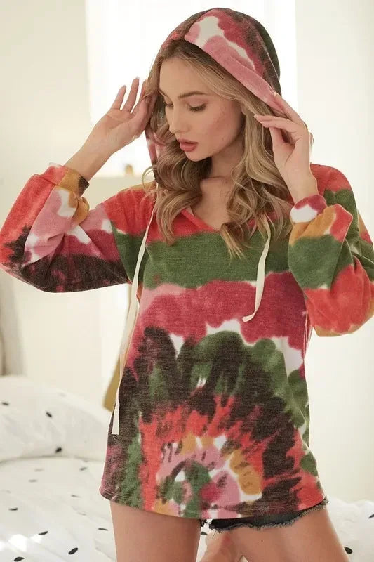 BiBi Tie Dye Knit Hoodie with Twill Tape - DAVERRI FASHIONS