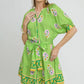 Umgee Floral Print Tie Waist Short Sleeve Dress Neon Green Mini Dresses
