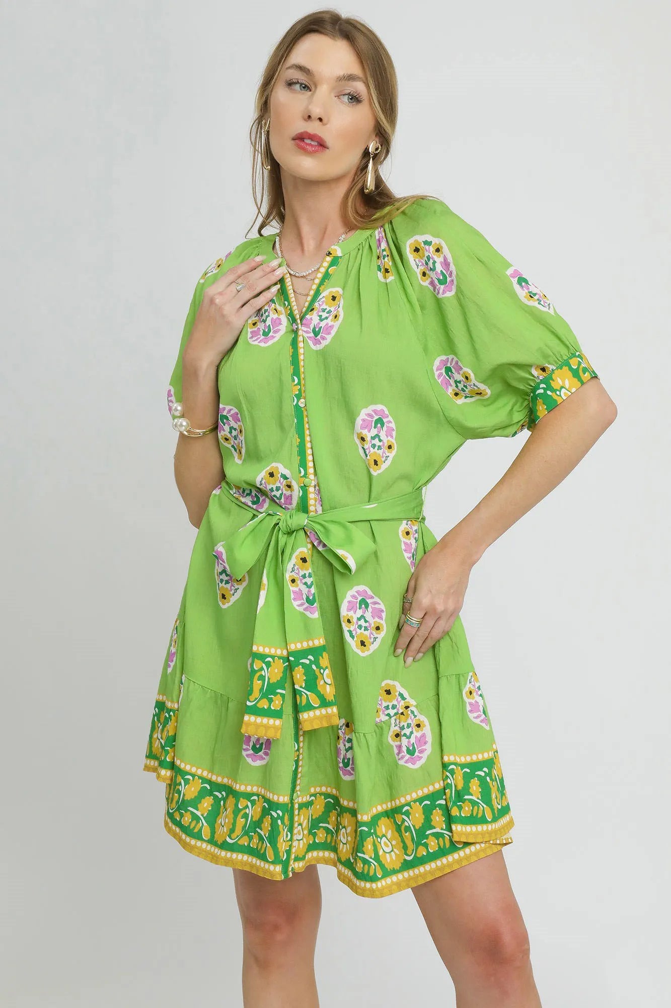 Umgee Floral Print Tie Waist Short Sleeve Dress Neon Green Mini Dresses