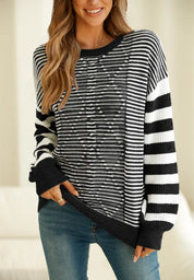 Black Striped Round Neck Dropped Shoulder Sweater | Sweaters Daverri Fashions
