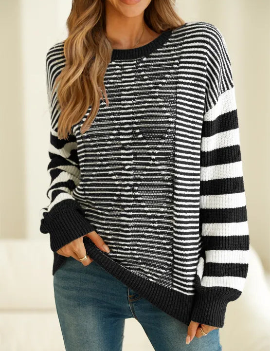 Black Striped Round Neck Dropped Shoulder Sweater | Sweaters Daverri Fashions