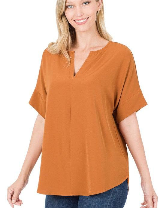 Split Neck Zenana Short Sleeve Top ALMOND Shirts & Tops