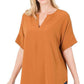 Split Neck Zenana Short Sleeve Top ALMOND S Shirts & Tops