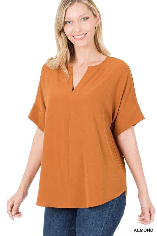 Split Neck Zenana Short Sleeve Top ALMOND Shirts & Tops