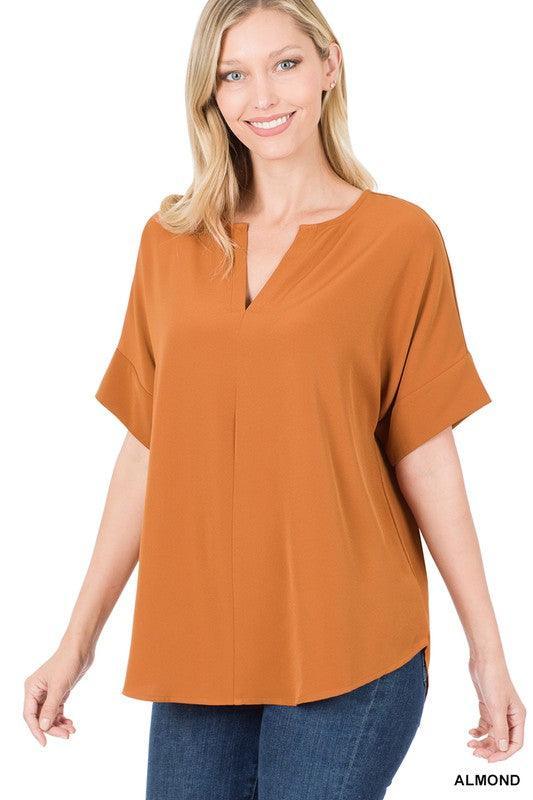 Split Neck Zenana Short Sleeve Top ALMOND S Shirts & Tops