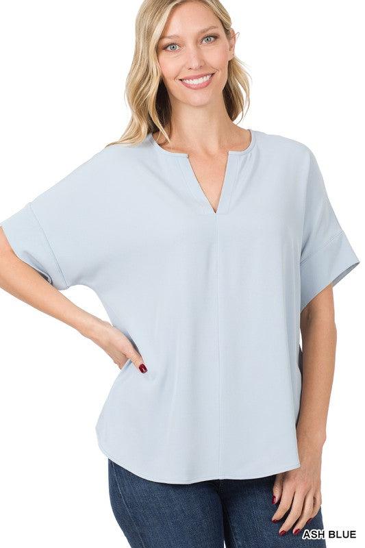 Split Neck Zenana Short Sleeve Top ASH BLUE M Shirts & Tops