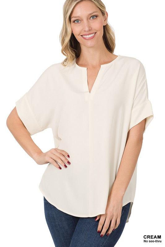 Split Neck Zenana Short Sleeve Top CREAM M Shirts & Tops