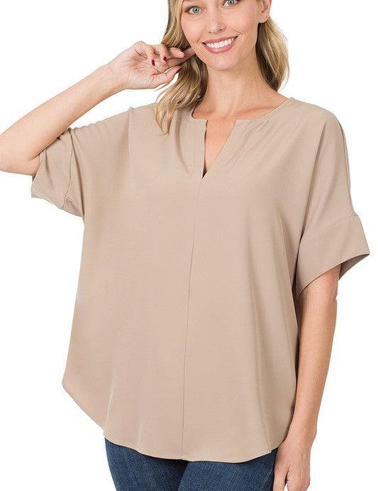 Split Neck Zenana Short Sleeve Top ASH MOCHA Shirts & Tops