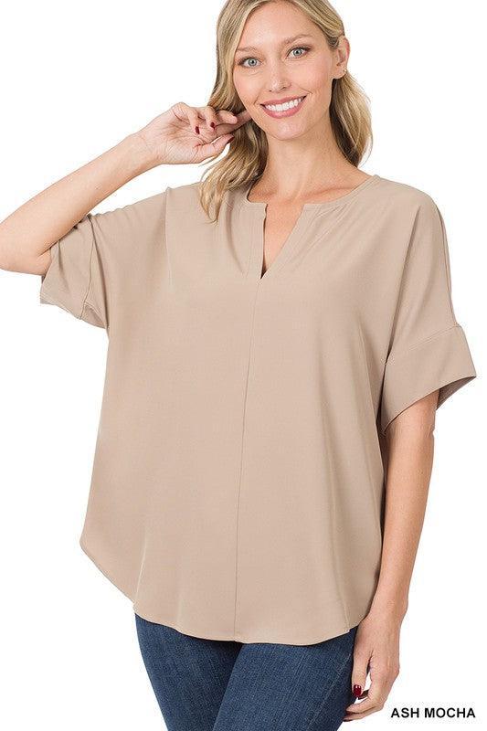 Split Neck Zenana Short Sleeve Top ASH MOCHA Shirts & Tops