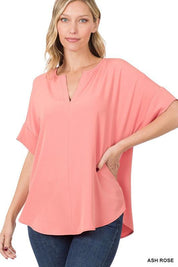 Split Neck Zenana Short Sleeve Top ASH ROSE S Shirts & Tops