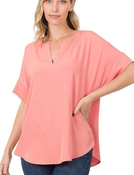 Split Neck Zenana Short Sleeve Top ASH ROSE S Shirts & Tops