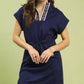 Navy blue Umgee Dolman Sleeve Zip Detail Dress with floral trim and self-tie waist