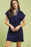 Navy blue Umgee Dolman Sleeve Zip Detail Dress with floral trim and self-tie waist