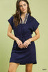 Navy blue Umgee Dolman Sleeve Zip Detail Dress with floral trim and self-tie waist