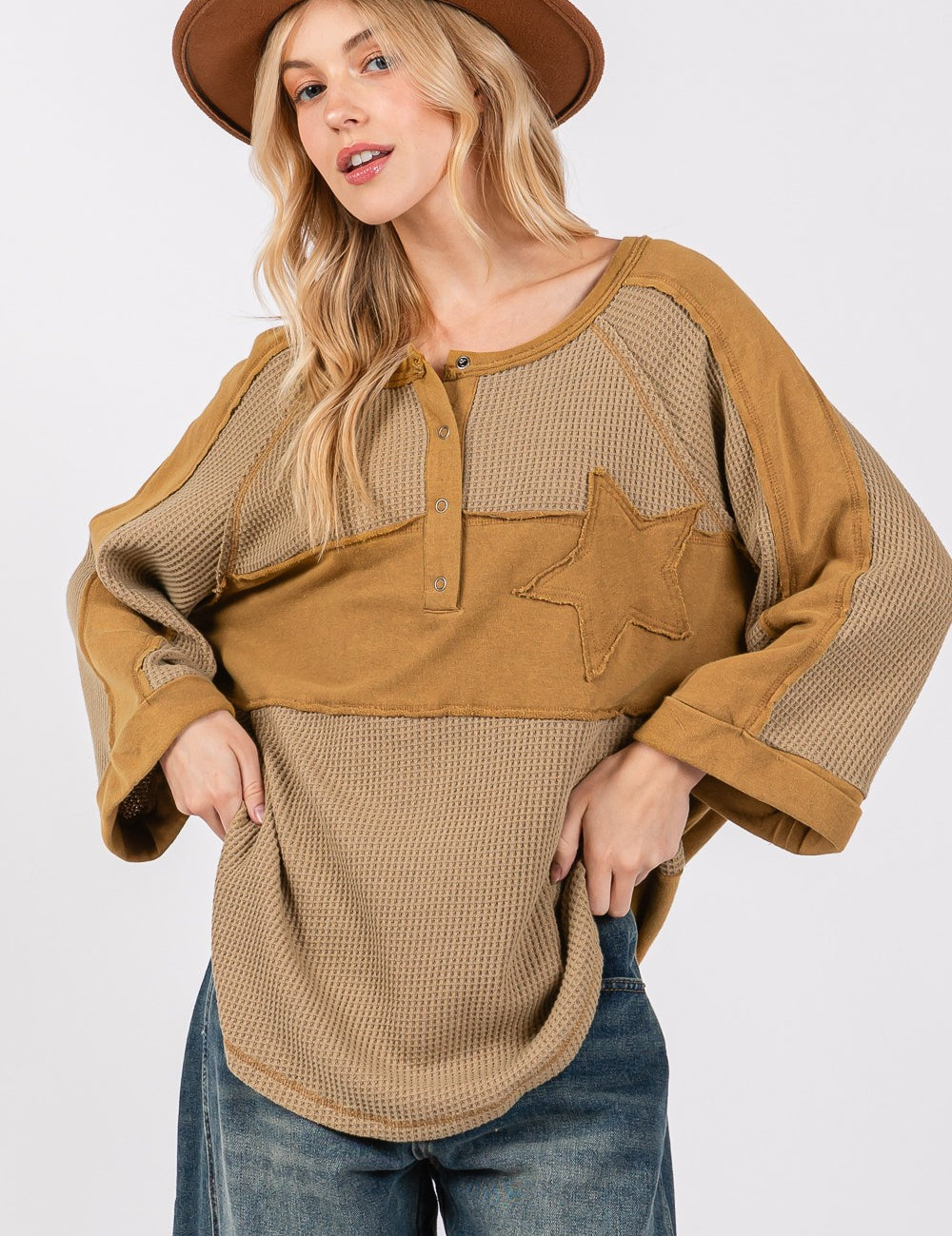 SAGE + FIG Star Applique Patch Exposed Seam Waffle Knit Top Olive