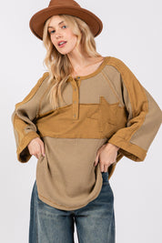 SAGE + FIG Star Applique Patch Exposed Seam Waffle Knit Top Olive