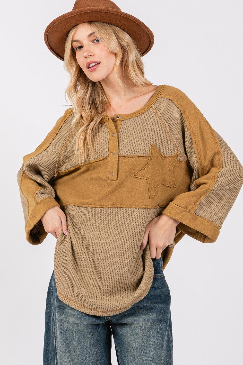 SAGE + FIG Star Applique Patch Exposed Seam Waffle Knit Top Olive M