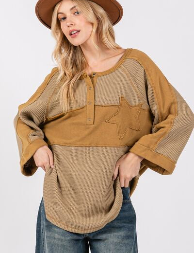 SAGE + FIG Star Applique Patch Exposed Seam Waffle Knit Top Olive Tops