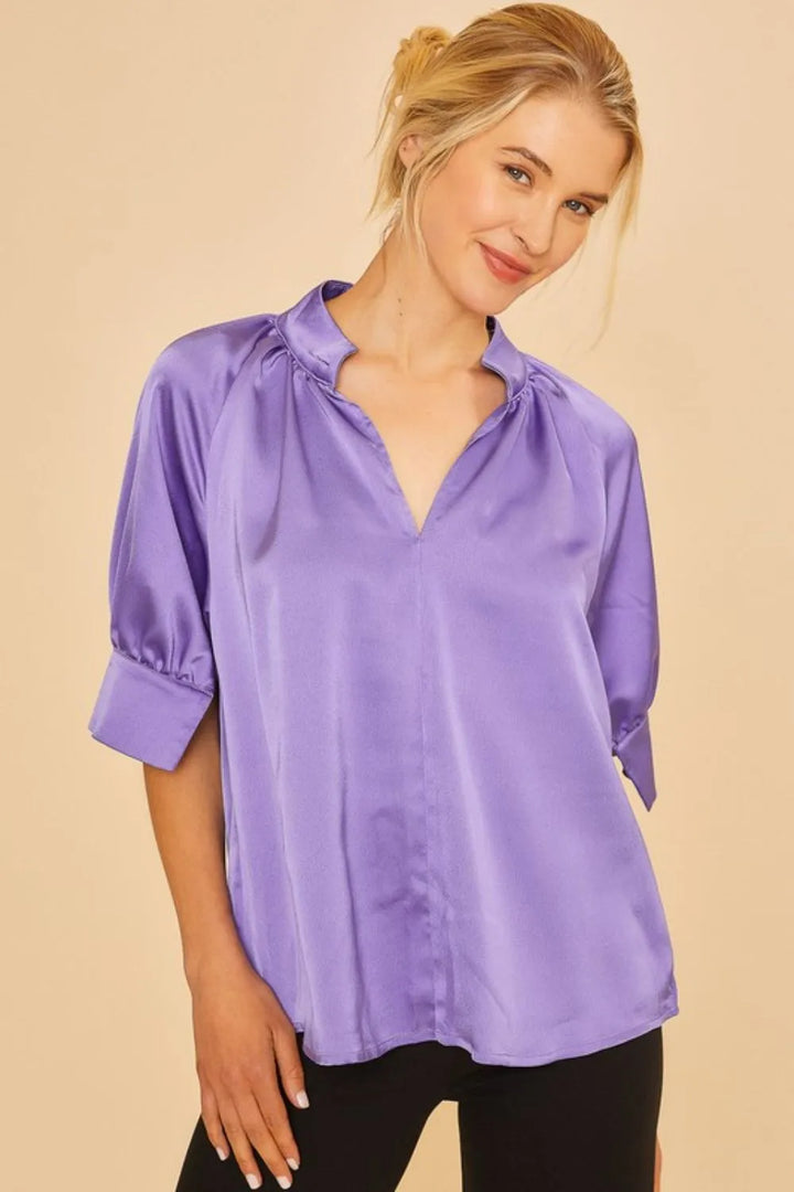 Annie Wear Multi Color Printed V-Neck Open Woven Blouse Top VIOLET Blouses