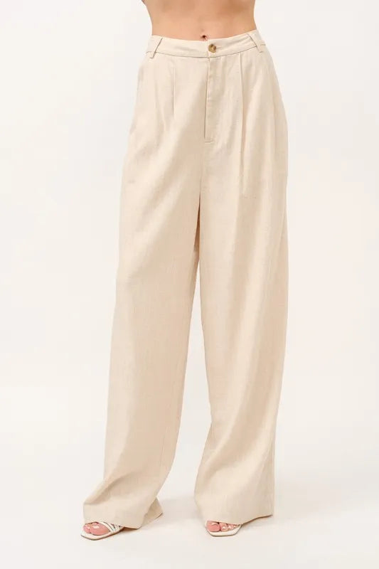 And The Why High-Rise Wide Leg Linen Blended Pants OATMEAL