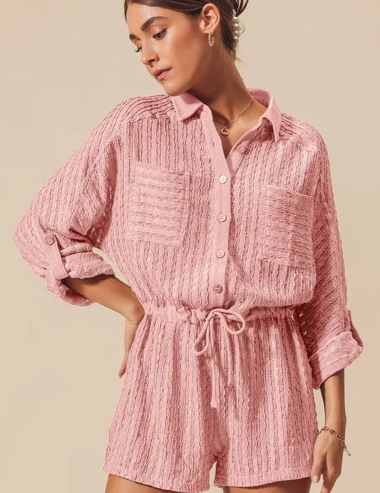 DUSTY PINK S SO ME Textured Knit Button Front Romper | Rompers Daverri Fashions