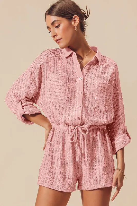 SO ME Textured Knit Button Front Romper DUSTY PINK Rompers