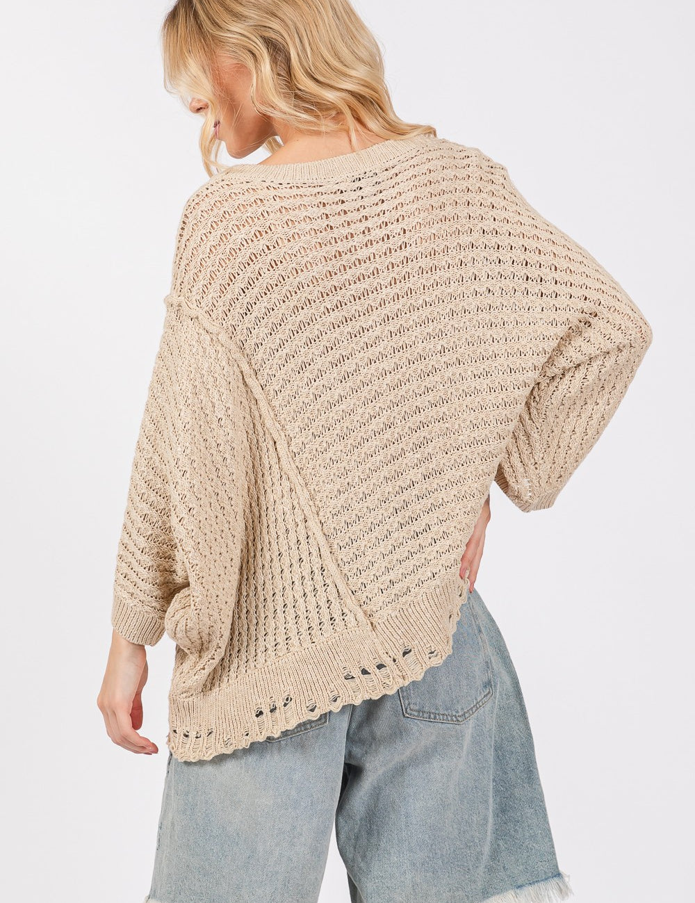 SAGE + FIG Distressed Asymmetrical Open Stitch Sweater