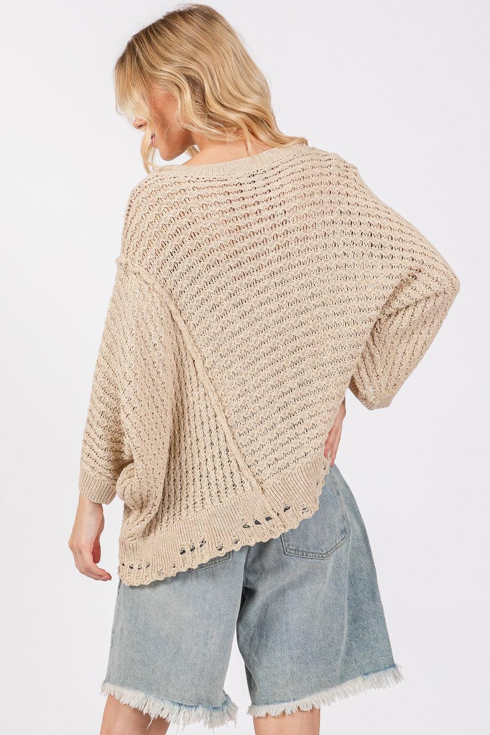 SAGE + FIG Distressed Asymmetrical Open Stitch Sweater - DAVERRI FASHIONS