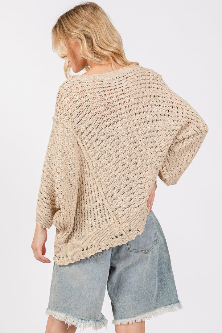 SAGE + FIG Distressed Asymmetrical Open Stitch Sweater Sweaters