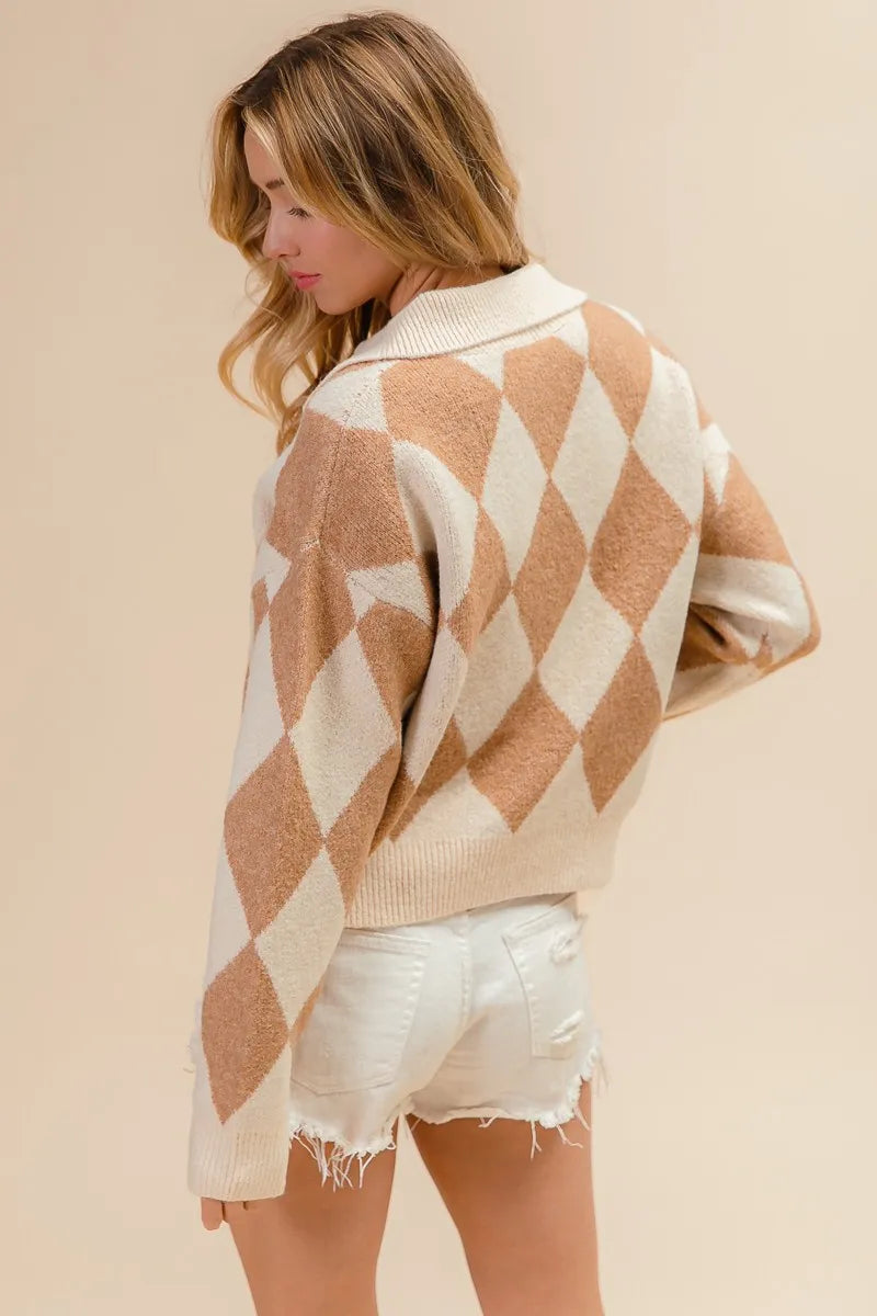 BiBi Diamond Pattern Collared Notch Neck Sweater Sweaters