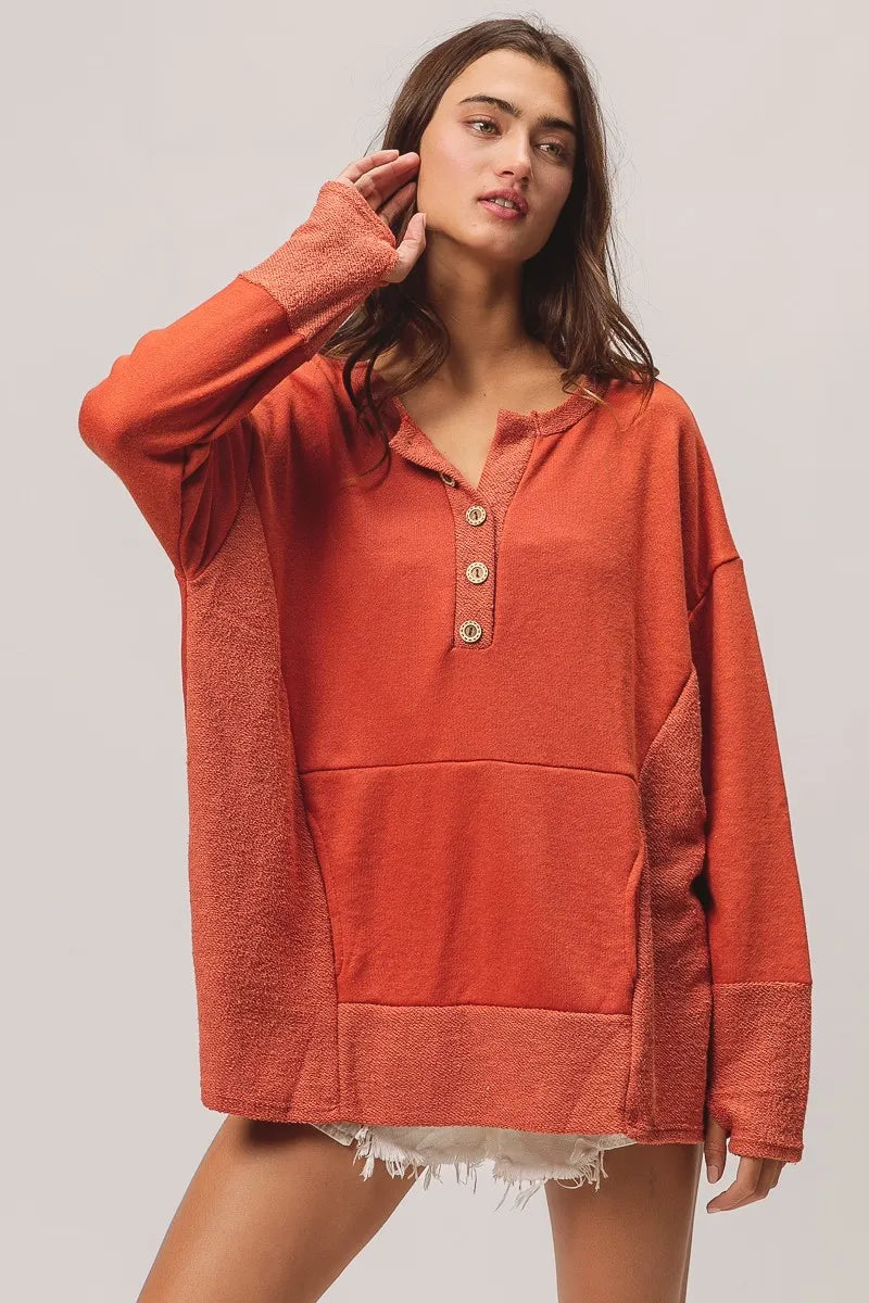 BiBi French Terry Knit Side Block Buttoned Henley Top | Knit Tops Daverri Fashions