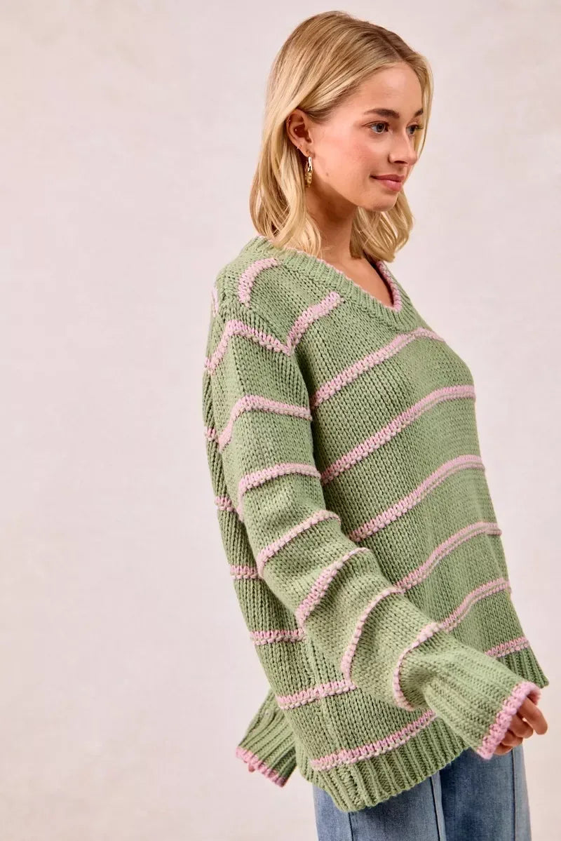 BiBi Striped Long Sleeve Sweater - DAVERRI FASHIONS
