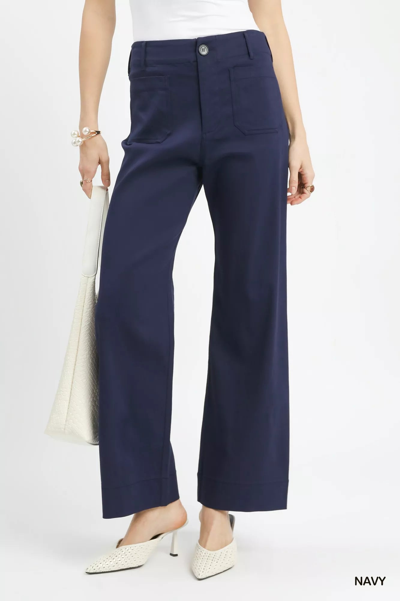 Navy blue Umgee Button Stretched Pants with high-waisted wide-leg fit