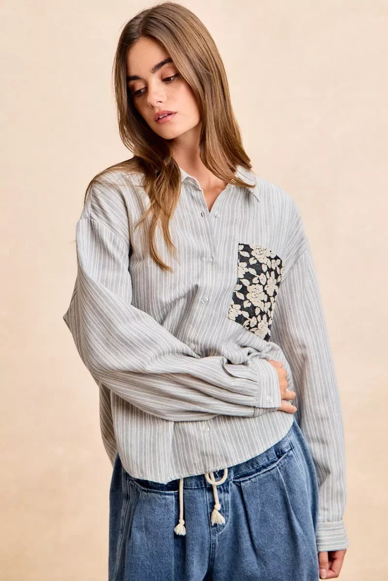 Light gray white striped BiBi Flower Jacquard Knit Patch Pocket Shirt