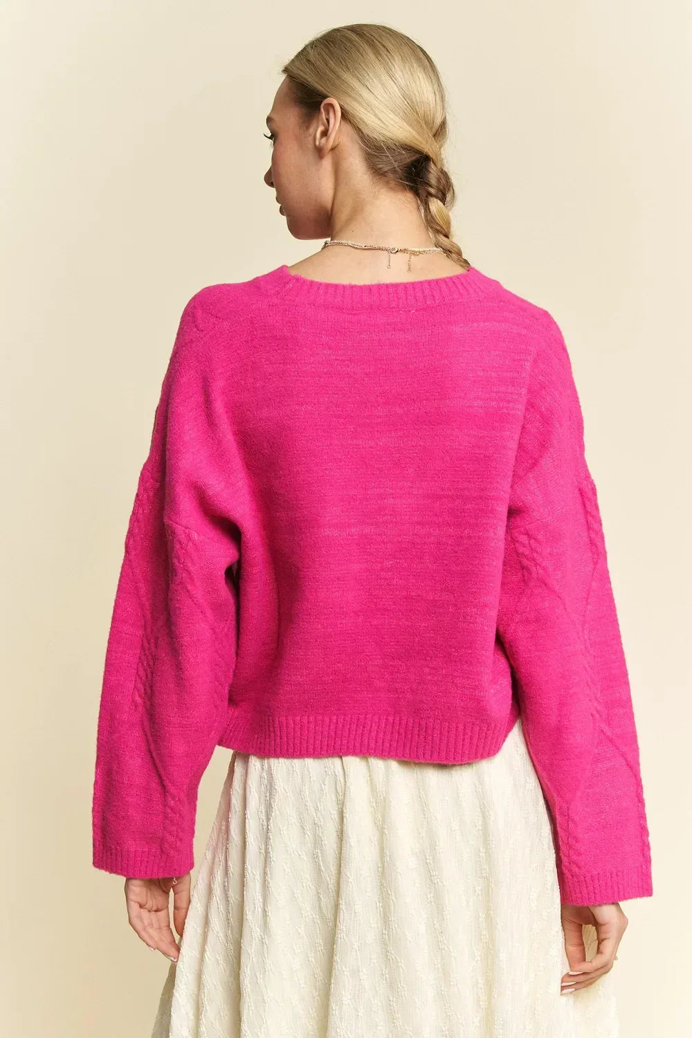 Davi & Dani Diamond Cable Pattern Drop Shoulder Sweater - DAVERRI FASHIONS