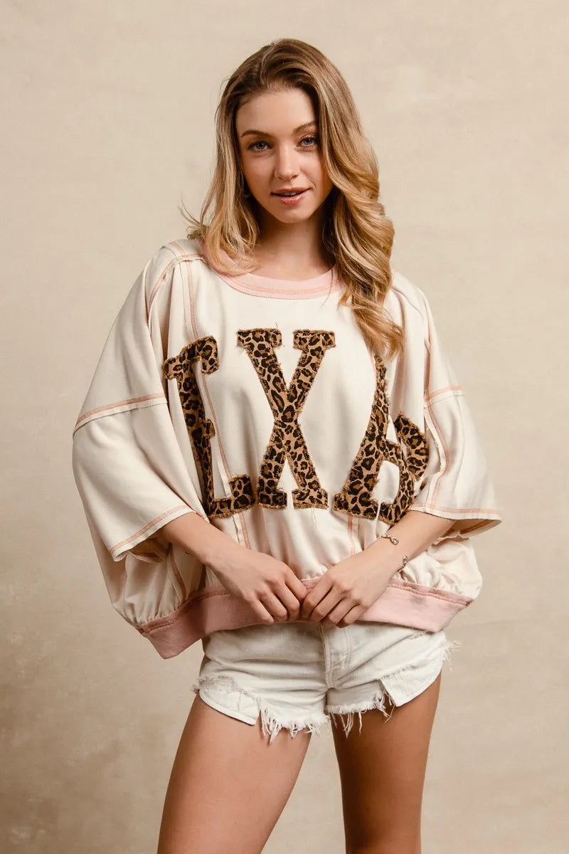 BiBi Leopard Print Texas Patchwork Overlock Stitch Top Tops