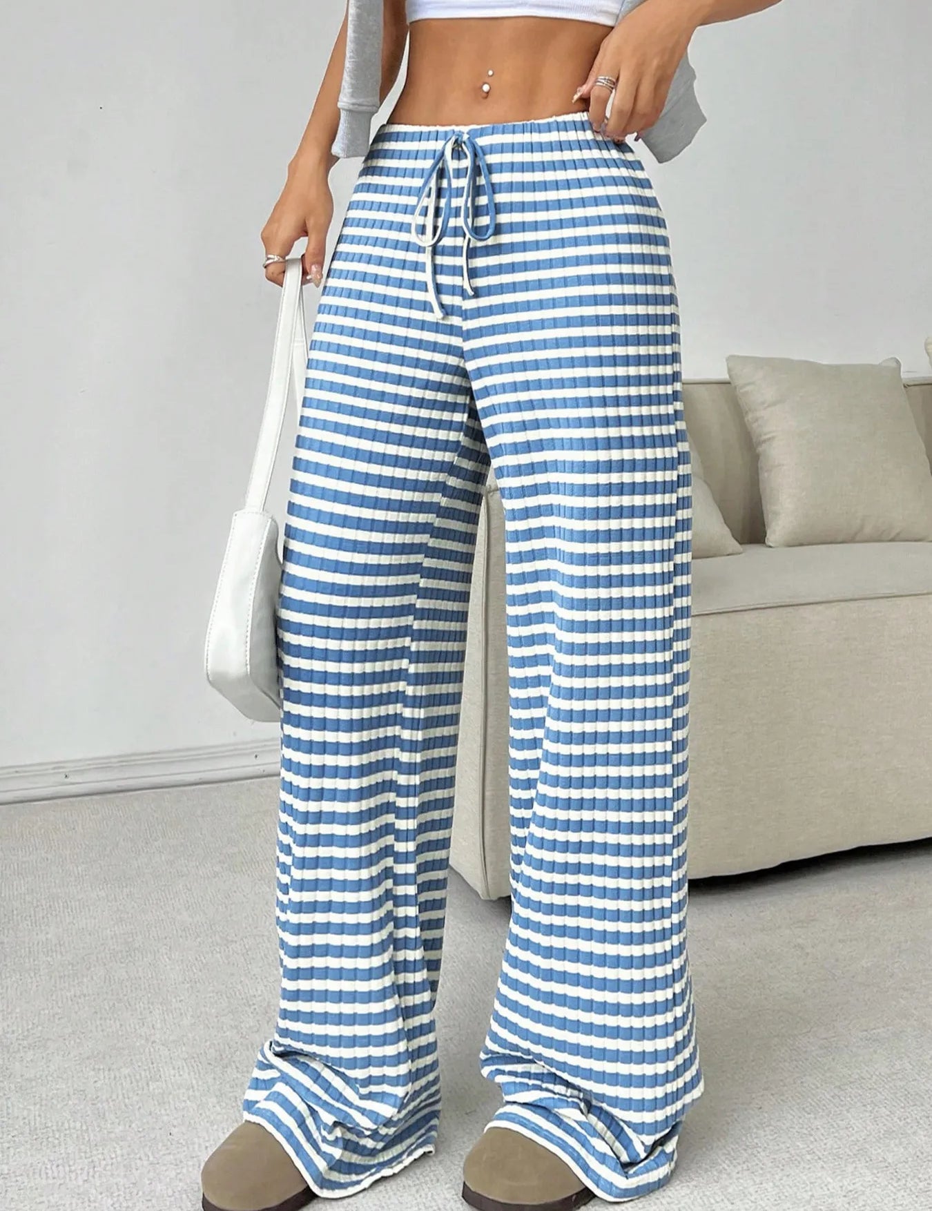 Cerulean Striped Wide Leg Drawstring Pants | Loungewear Pants Daverri Fashions