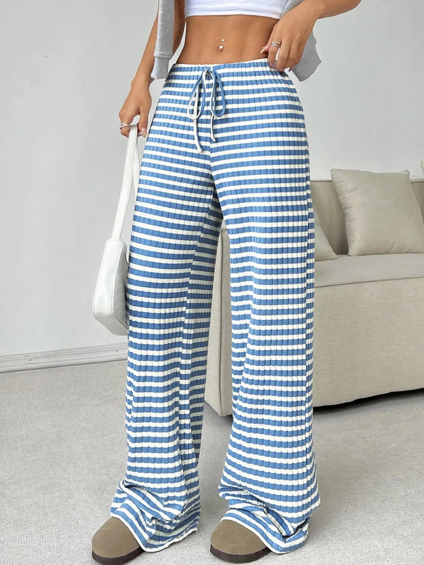 Cerulean Striped Wide Leg Drawstring Pants | Loungewear Pants Daverri Fashions