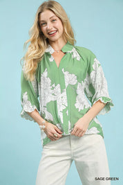 SAGE GREEN Umgee Peony Illustration Print Flounce Sleeve Blouse | Blouses Daverri Fashions