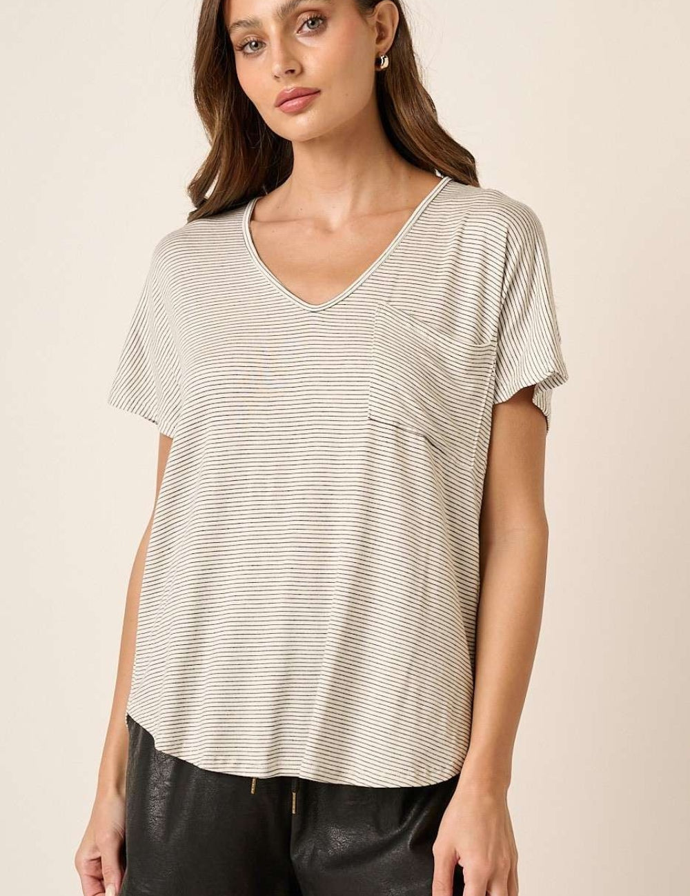 Mittoshop Striped V-Neck Short Sleeve T-Shirt Ivory black