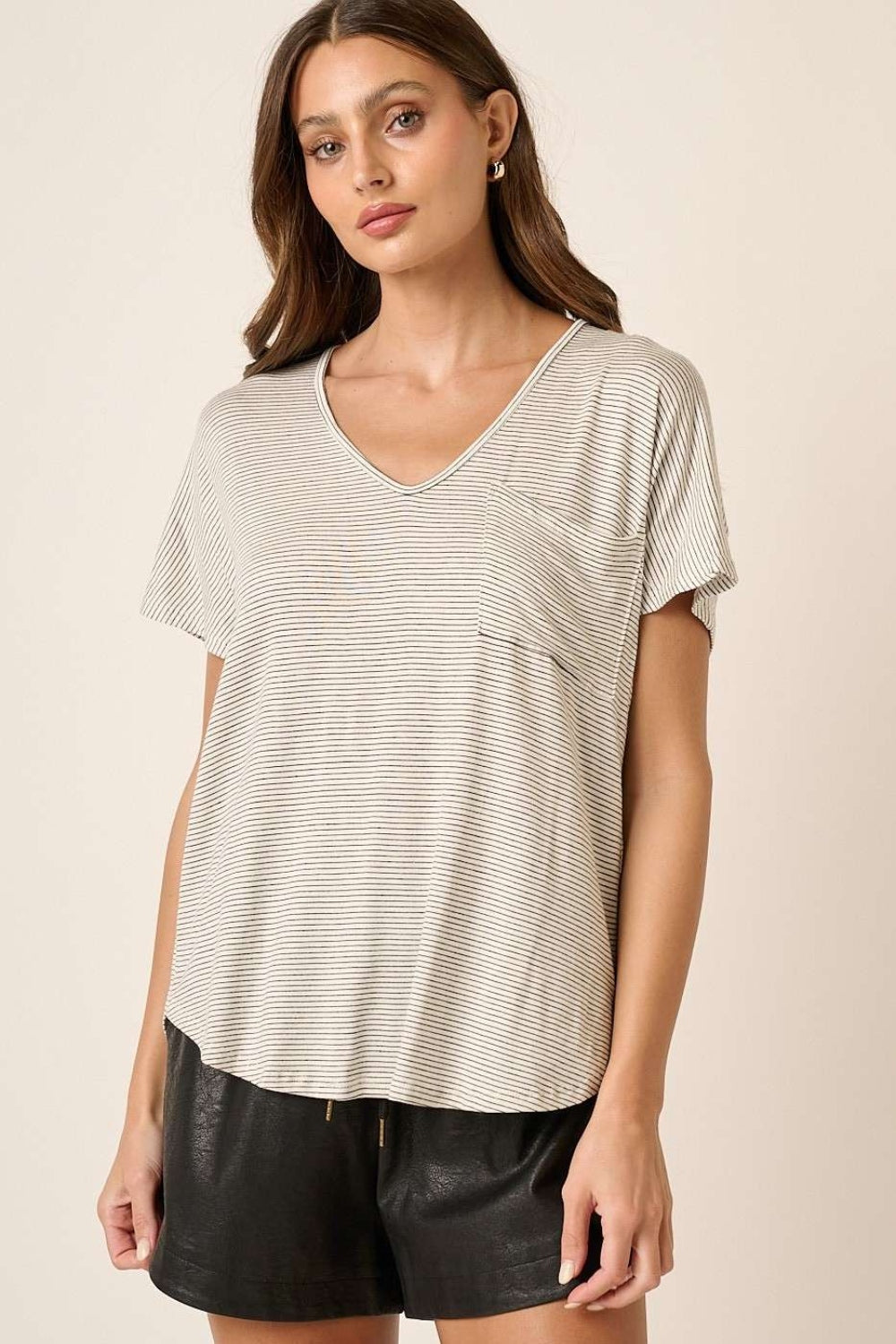 Mittoshop Striped V-Neck Short Sleeve T-Shirt Ivory black