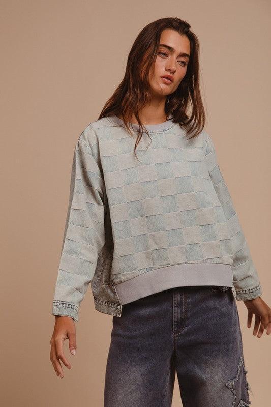 BiBi Mineral Washed Checkered Round Neck Denim Top - DAVERRI FASHIONS
