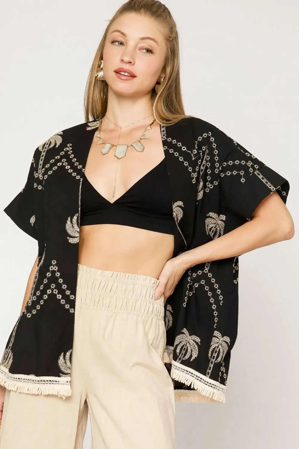 Umgee open front embroidered fringe kimono in black with white palm trees, size M/L