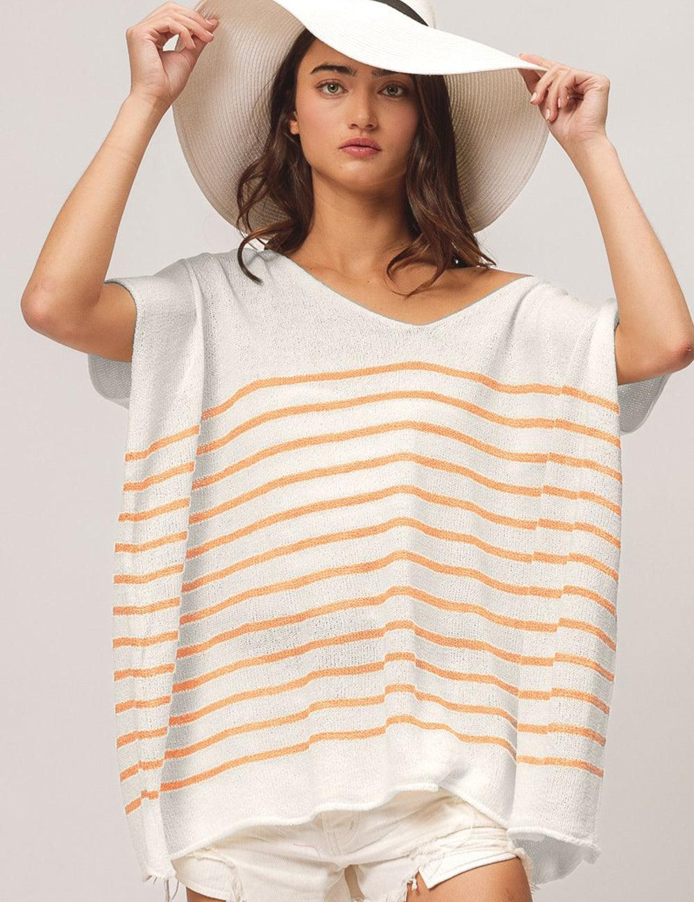 BiBi V Neck Striped Short Sleeve Top Apricot XL Shirts & Tops