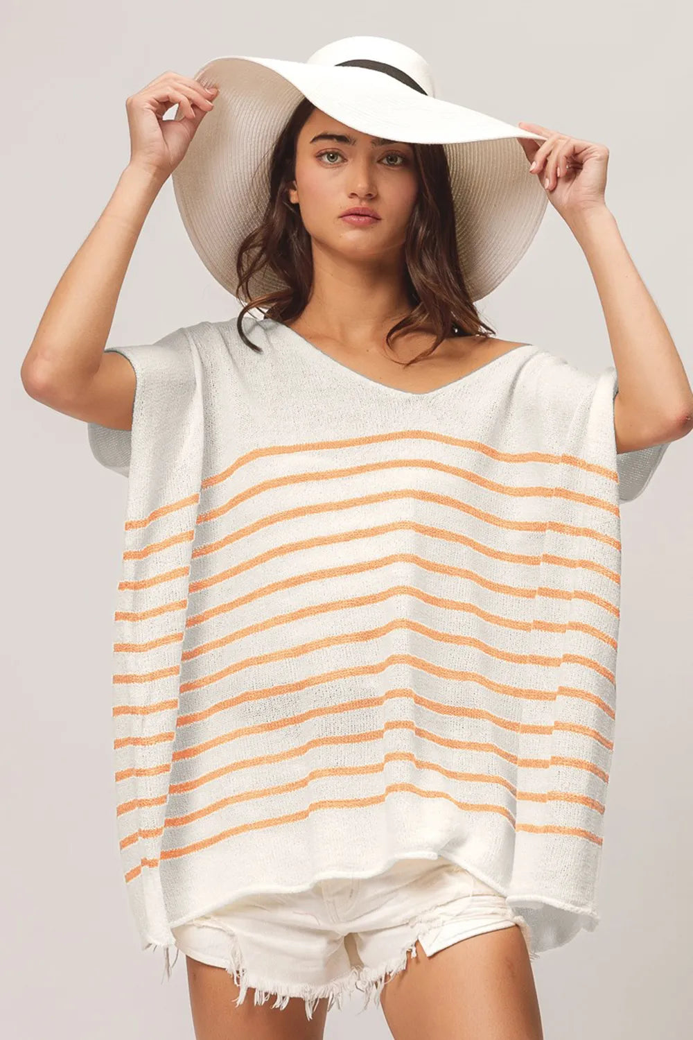 BiBi V Neck Striped Short Sleeve Top Size XL Apricot XL Tops