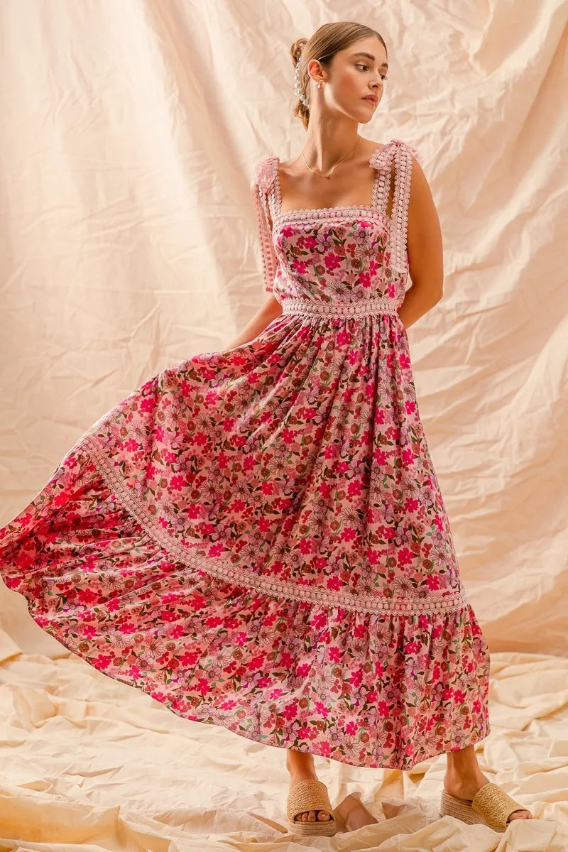 SO ME floral maxi dress in pink with lace trim and ribbon tie straps