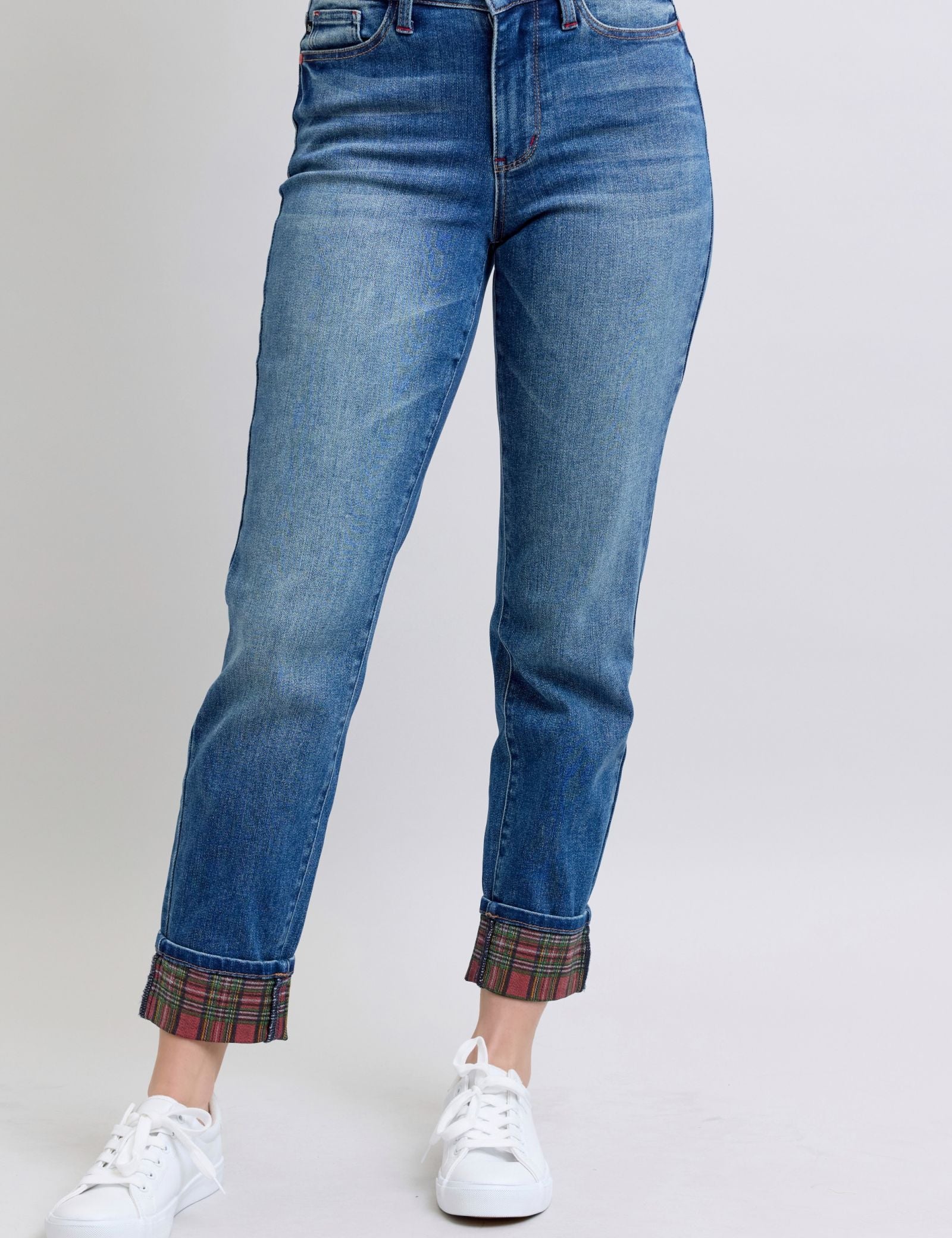 Judy Blue Full Size Plaid Print Cuff Straight Leg Jeans with Pockets | Daverri Fashions